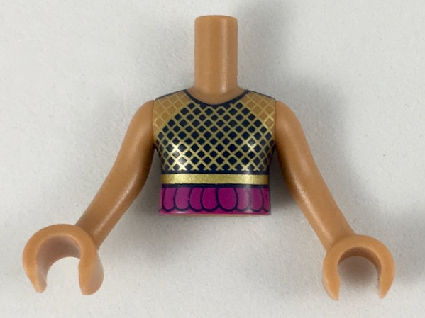 Torso Mini Doll Girl Black Top with Gold Mesh, Magenta Ruffle Pattern, Medium Nougat Arms with Hands
