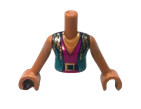 Torso Mini Doll Girl Dark Turquoise Vest over Magenta V-Neck, Black Belt, Gold Buckle and Necklace Pattern, Medium Nougat Arms with Hands