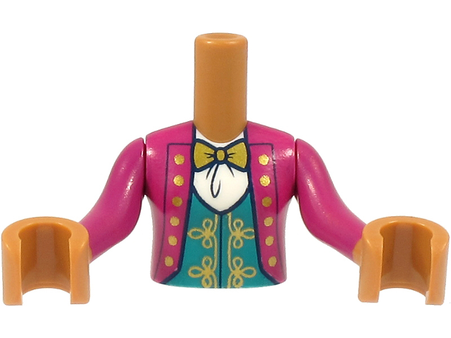 Torso Mini Doll Girl Magenta Jacket with Gold Buttons and Bow Tie, Dark Turquoise Vest Pattern, Medium Nougat Arms with Hands with Magenta Sleeves