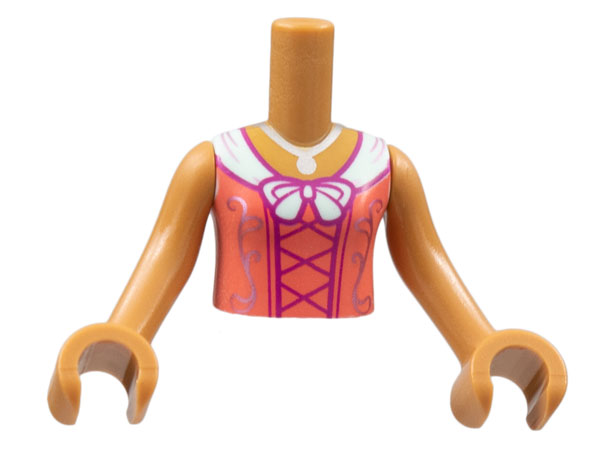 Torso Mini Doll Girl Coral Dress, Silver Necklace and Filigree, White Collar, Magenta Stitching Pattern, Medium Nougat Arms with Hands