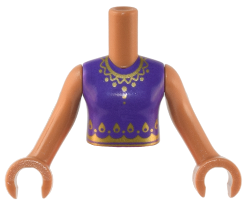 Torso Mini Doll Girl Dark Purple Top, Gold Scallop and Teardrop Edging and Necklace Pattern, Medium Nougat Arms with Hands