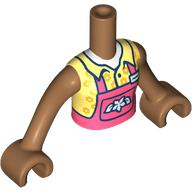 Torso Mini Doll Girl Coral Overalls over Bright Light Yellow Shirt Pattern, Medium Nougat Arms with Hands