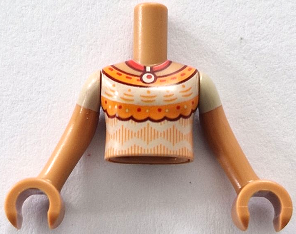 Torso Mini Doll Girl Tan Blouse with Orange Collar and Stripes, Red Pendant Necklace Pattern, Medium Nougat Arms with Hands with Tan Short Sleeves