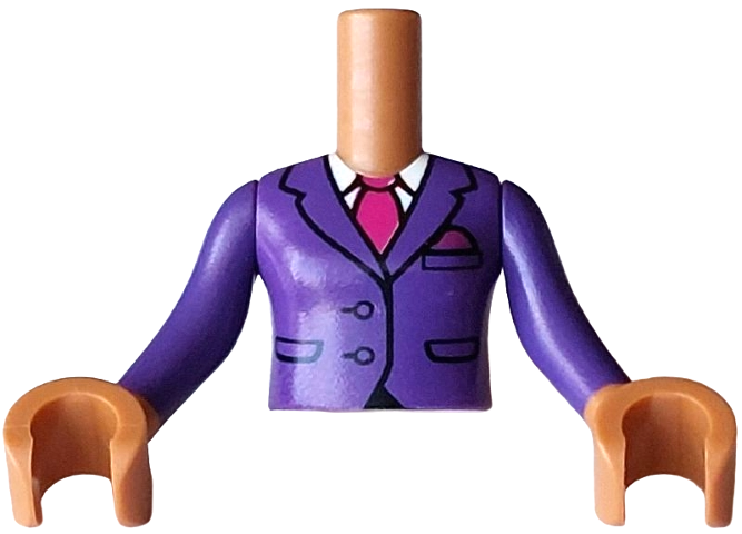Torso Mini Doll Girl Dark Purple Jacket with Black Pockets and Collar Outline over White Shirt with Magenta Tie Pattern, Medium Nougat Arms with Hands with Dark Purple Long Sleeves