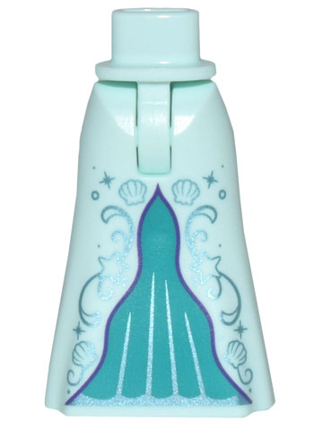 Mini Doll Hips and Skirt Full Length with Metallic Light Blue Sparkles and Shells and Dark Turquoise Inset with Dark Purple Trim Pattern - Thin Hinge