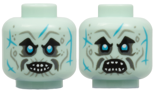 Minifigure, Head Dual Sided Alien Light Bluish Gray Eyebrows, Black Eyelashes, Medium Azure Eyes, Dark Bluish Gray Eye Shadow and Moustache, Open Mouth with Teeth, Evil Grin / Fierce Pattern in Light Aqua
