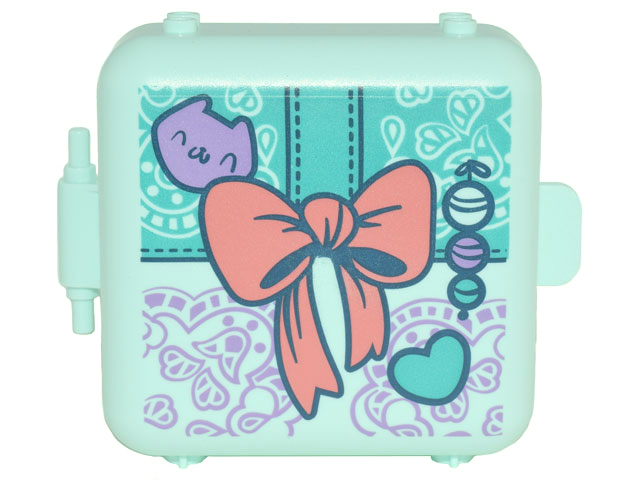 Container, Box 3 x 8 x 6 2/3 Half Front with Present with Coral Bow, Medium Lavender Cat Face, Dark Turquoise Heart, and Ornament Pattern