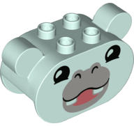 Duplo, Brick 2 x 4 x 2 1/2 Rounded Ends, Ears on Sides with Black Eyes and Nostrils, Light Bluish Gray Snout, and Coral Mouth, Hippo Head Pattern