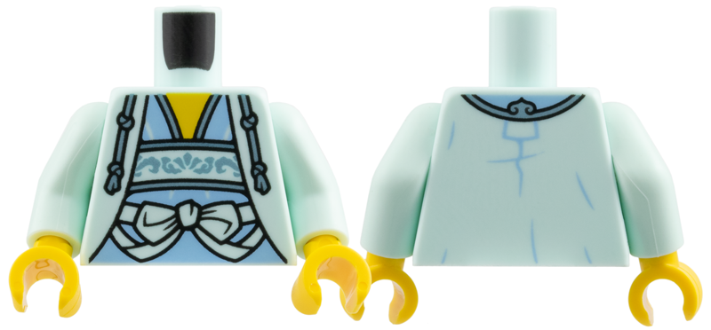 Light aqua jacket torso with blue filigree over a light blue shirt, light aqua arms, and yellow hands.