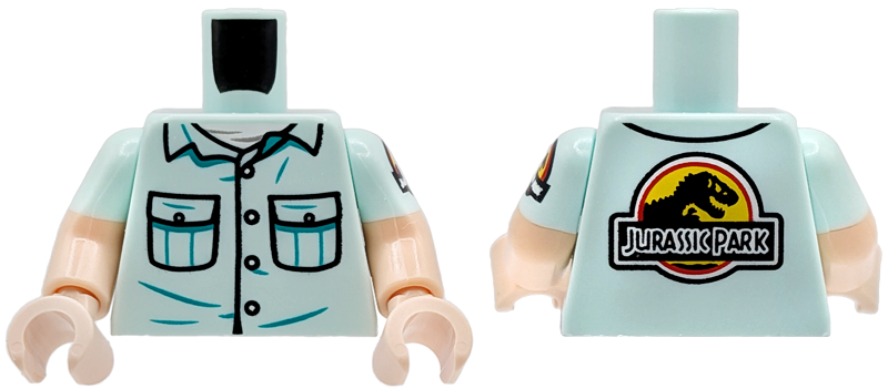 Torso Shirt with 2 Black Pockets with Buttons over White Undershirt, Dark Turquoise Creases, Jurassic Park Logo Pattern / Light Nougat Arm Left with Molded Light Aqua Short Sleeve and Printed Jurassic Park Logo Pattern / Light Nougat Arm Right with Molded Light Aqua Short Sleeve Pattern / Light Nougat Hands in Light Aqua