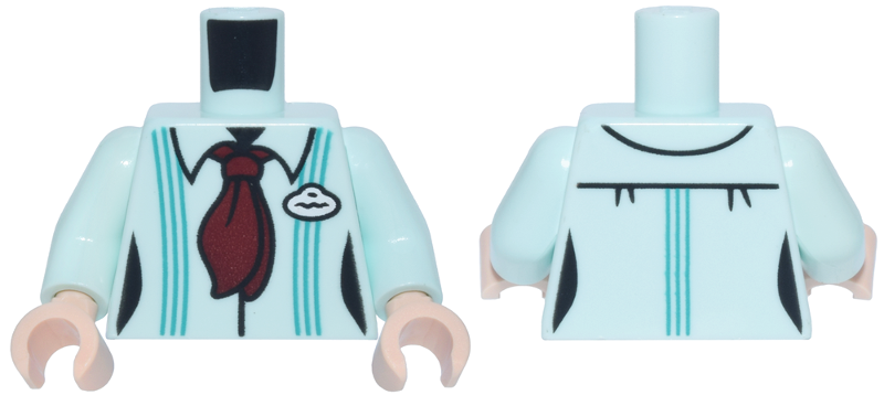 Light aqua torso with light aqua arms and light nougat hands. Features a shirt with turquoise stripes, a red tie, and a white badge.