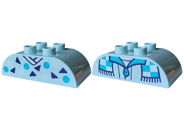 Duplo, Brick 2 x 4 Slope Curved Double with White V-Neck Collar and Squares, Medium Azure Circles and Dark Blue Triangles  / Jacket with Zipper and Blocked Scarf Pattern