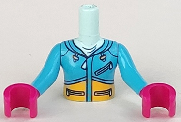 Torso Mini Doll Girl Dark Azure Ski Hoodie with Zippers and Yellow Panel Pattern, Dark Azure Arms with Magenta Hands
