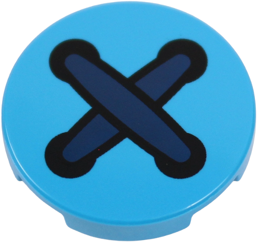 Tile, Round 2 x 2 with Bottom Stud Holder with Dark Blue Crossed Stitches and 4 Black Button Holes Pattern
