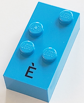 Brick, Braille 2 x 4 with 4 Studs with Black Capital Letter E with Grave (È) Pattern (dots-2346 ⠮) (French with Antoine Numbers)