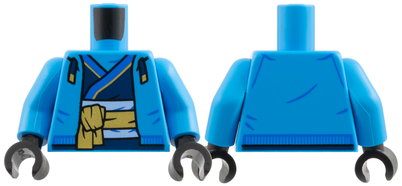 Dark azure torso with dark azure arms and black hands. Features a hoodie over a blue tunic with a gold belt.