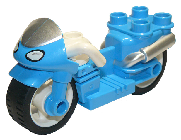 Duplo Motorcycle with Rubber Wheels, White Handlebars, Windscreen and Headlights Pattern