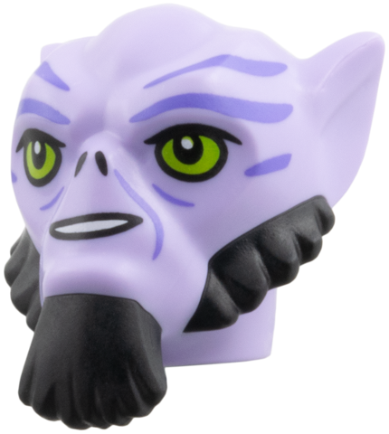 Minifigure, Head, Modified SW Lasat with Molded Black Beard and Sideburns, Printed Lime Eyes and Medium Lavender Stripes Pattern