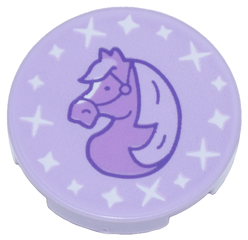 Tile, Round 2 x 2 with Bottom Stud Holder with Medium Lavender Horse Profile and White Sparkles Pattern