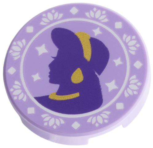 Tile, Round 2 x 2 with Bottom Stud Holder with Dark Purple and Gold Jasmine Silhouette, White Flowers, Stars, and Diamonds Pattern