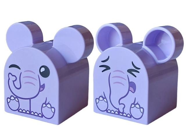 Duplo, Brick 2 x 2 x 2 Curved Top with Rounded Ears with Elephant Baby with Dark Purple Outlined Trunk, Medium Lavender Wrinkles and Tongue, White Toes, Black Closed Eye Right / Squinted Eyes Scared Pattern