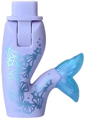 Mini Doll Hips and Mermaid / Merman Tail Assembly with Molded Satin Trans-Light Blue Caudal Fin and Printed Metallic Light Blue Shells, Stars and Dots Pattern