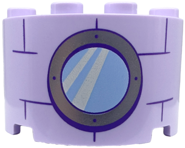 Cylinder Half 2 x 4 x 2 with 1 x 2 Cutout with Bright Light Blue Round Window with Silver Frame and Dark Purple Bricks Pattern