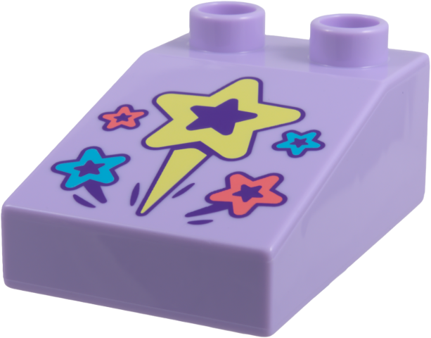 Duplo, Brick 3 x 2 Slope 33 with Coral, Dark Azure, and Bright Light Yellow Shooting Stars with Dark Purple Centers, Trails, and Outlines Pattern