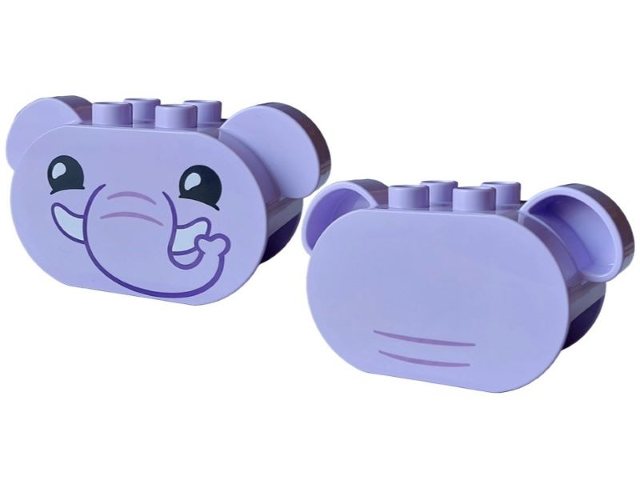 Duplo, Brick 2 x 6 x 2 1/2 Oval Ends, Rounded Ears on Sides with Elephant Face with Dark Purple Outlined Trunk, Medium Lavander Wrinkles, Black Eyes and White Toes Pattern