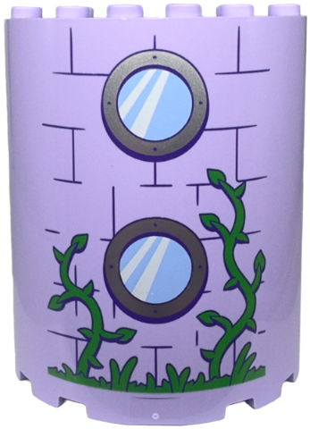 Cylinder Half 3 x 6 x 6 with 1 x 2 Cutout with Bright Green Grass and Vines, 2 Bright Light Blue Round Windows with Silver Frames, and Dark Purple Bricks Pattern