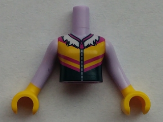 Torso Mini Doll Girl Winter Vest with Magenta, Yellow, and Dark Blue Panels, Zipper, White Fur Collar Pattern, Lavender Arms with Yellow Hands