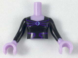 Torso Mini Doll Woman Black Bodice Top with Metallic Light Blue Eclipse and Dark Purple Lines Pattern, Lavender Arms with Hands with Black Sleeves