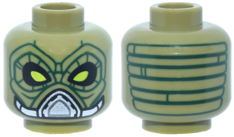 Minifigure, Head Alien SW Kyuzo with Lime Eyes, Black Eye Shadow, Silver Mouth Cover, Dark Green Wrinkles and Lines on Back Pattern