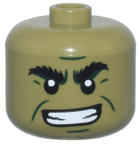 Minifigure, Head, Modified Giant Black Bushy Eyebrows, Dark Green Cheek Lines, Chin Dimple, and Furrowed Brow, Open Mouth Smile with Teeth Pattern