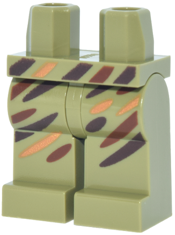 Olive green hips and legs with a pattern of dark brown and reddish brown diagonal slashes.