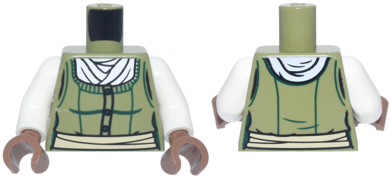 Olive green torso with white arms and medium brown hands. Features a green bodice over a white blouse with a tan sash.