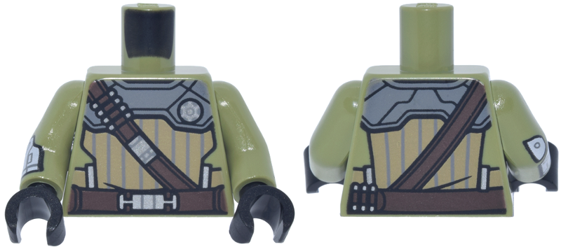 Torso SW Dark Tan and Light Bluish Gray Armor, Dark Brown Belt and Strap with Ammo, Silver Round Badge Pattern / Olive Green Arm Left / Olive Green Arm Right with Silver Gauntlet and Elbow Pad Pattern / Black Hands