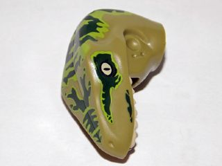 Dinosaur Head Raptor with Pin Hole with Tan Teeth and Dark Green Stripes over Lime Pattern
