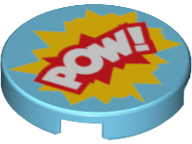Tile, Round 2 x 2 with Bottom Stud Holder with 'POW!' in Yellow and Red Starburst Explosion Pattern