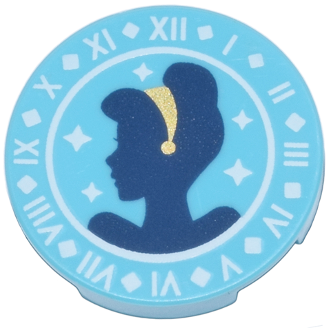 Tile, Round 2 x 2 with Bottom Stud Holder with Dark Blue Cinderella Silhouette, Gold Hairband, and White Clock Face Pattern