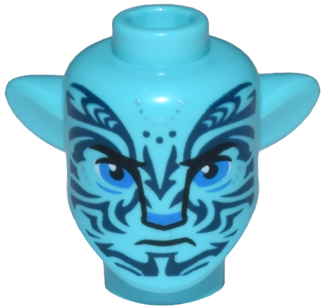 Minifigure, Head, Modified Alien Na'vi with Blue Eyes, Silver Spots, Dark Blue Markings, Closed Mouth Frown Pattern