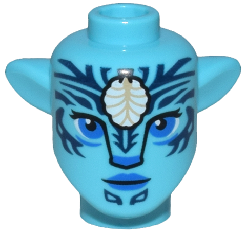 Minifigure, Head, Modified Alien Na'vi with Blue Eyes and Lips, Silver Spots, Dark Blue Markings, White Shell Pendant, and Closed Mouth Pattern
