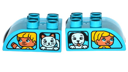 Duplo, Brick 2 x 3 Slope Curved with Vehicle Windows with Boy and Cat / Girl and Dog Pattern
