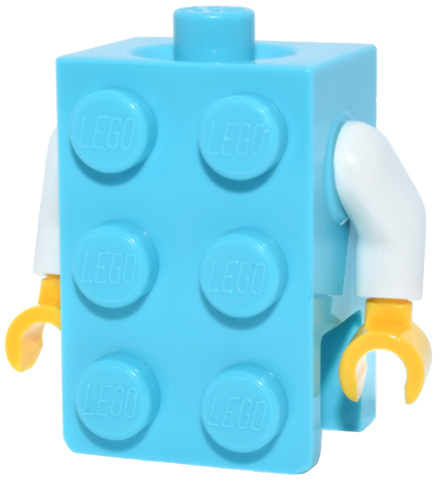 Medium azure torso in the shape of a 2 x 3 brick with white arms and yellow hands.