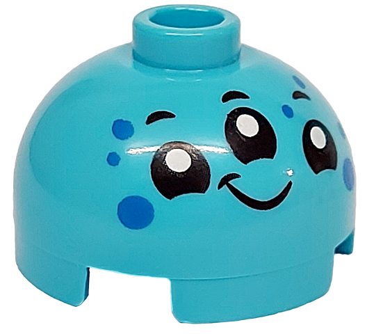 Brick, Round 2 x 2 Dome Top with Alien Face with 3 Black Eyes and Mouth, White Pupils, Smile and Blue Spots Pattern