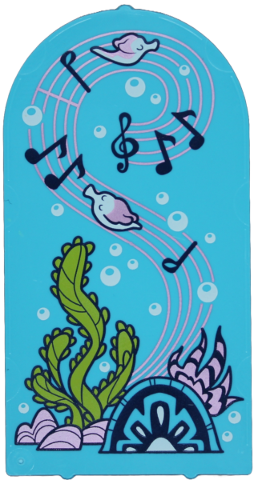 Glass for Door Frame 1 x 6 x 7 Arched with Notches and Rounded Pillars with Fish, Bubbles, Coral, Lime Seaweed, Metallic Pink Musical Score and Black Music Notes Pattern