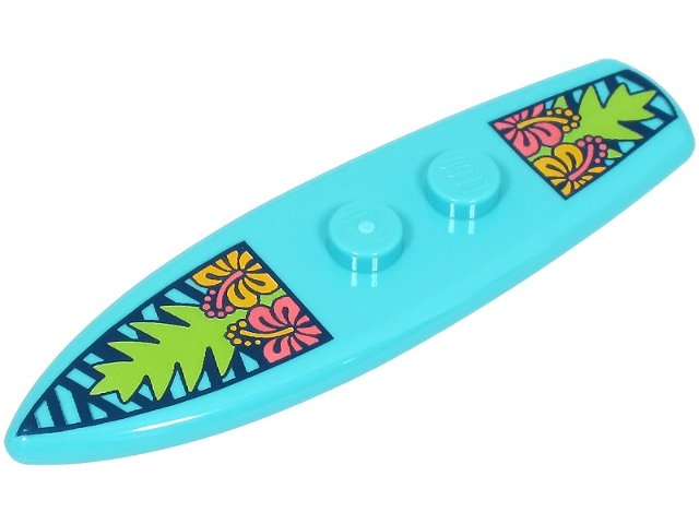 Minifigure, Utensil Surfboard Standard with Coral and Bright Light Orange Flowers and Lime Palm Leaves on Dark Blue Stripes Pattern (BAM)