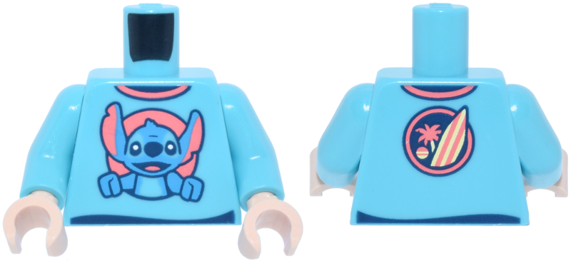 Medium azure torso with medium azure arms and light nougat hands. Features a blue Stitch character and a surfboard on the back.