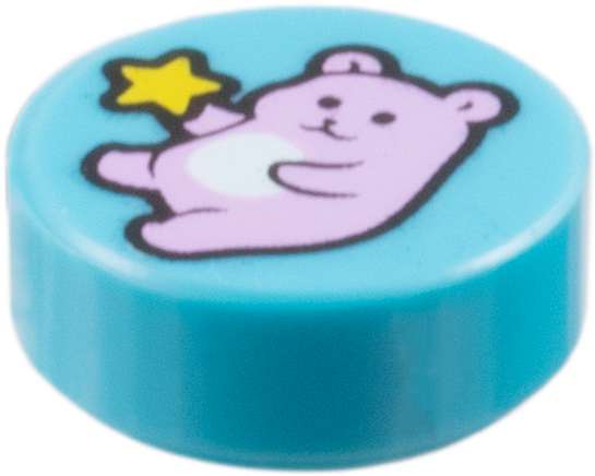 Tile, Round 1 x 1 with Bright Pink Teddy Bear, Yellow Star Pattern