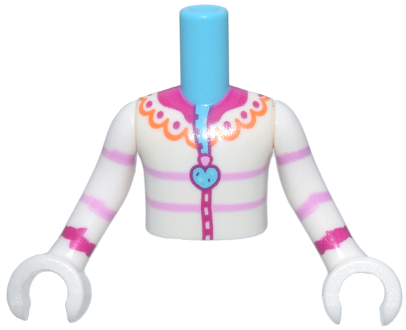 Torso Mini Doll Boy White Jacket with Zipper, Heart Shaped Zipper Pull, Bright Pink Stripes, Orange and Magenta Collar Pattern, White Arms with Hands with Bright Pink and Magenta Stripes